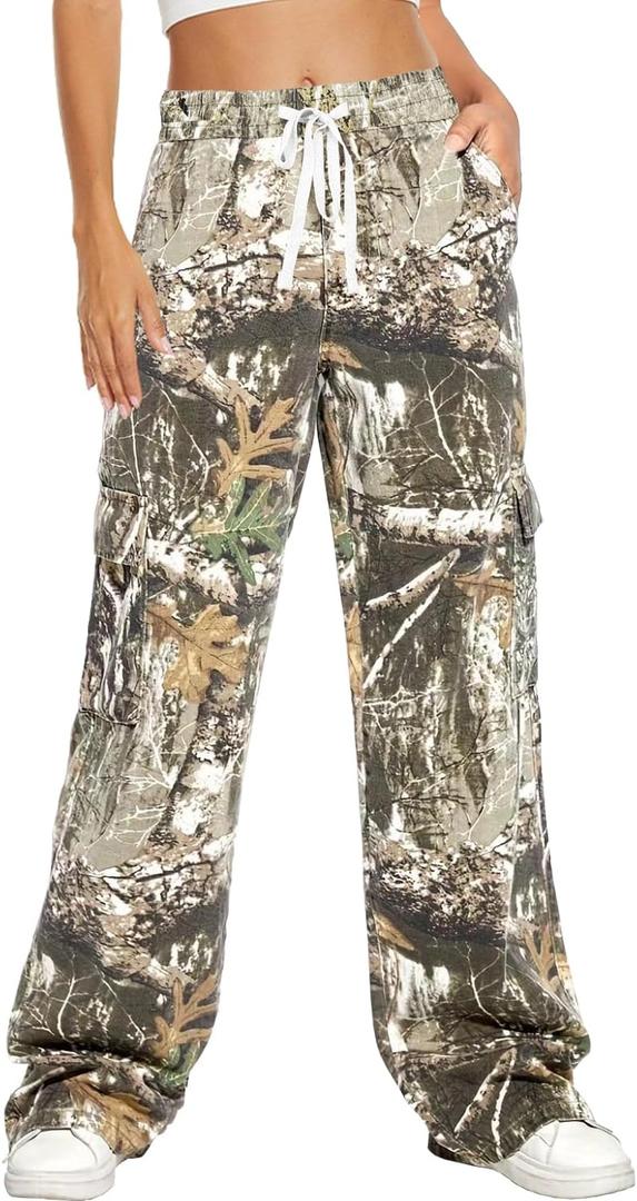 HVEPUO Camo Pants Women High Waisted Wide Leg Casual Y2K Camoflage Cargo Pants Baggy Elastic Waist Straight Jeans Trousers (L)