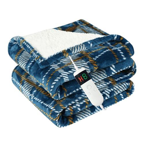 Electric Blanket Heated Throw, Soft Flannel 50"x60" Plaid Heating Blanket with 8 Hours Auto Off 10 Fast Heating Levels Machine Washable Sherpa Heated Blanket with Overheating Protection