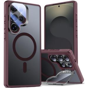 MAKAVO Magnetic for Samsung Galaxy S25 Ultra Case with Camera Cover Stand [Fit for MagSafe] [Military-Grade Protection] Translucent Matte Slim Shockproof Phone Case, Burgundy
