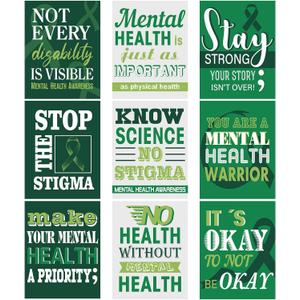 3 x 9 Pcs 17 x 22'' Large Green Mental Health Awareness Posters for Classroom Decoration Items Psychology Educational Therapy Bulletin Board Wall Mental Health Ribbon Decor for School Office Supply
