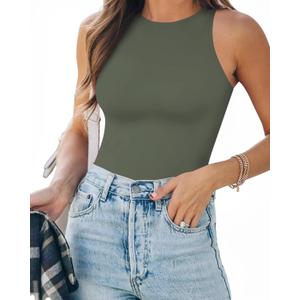 MANGOPOP Tank Top Body Suits Women Sexy Crew Neck Racerback Halter Ribbed Sleeveless Bodysuit for Women (Medium, D4 Sleeveless Gray Green)