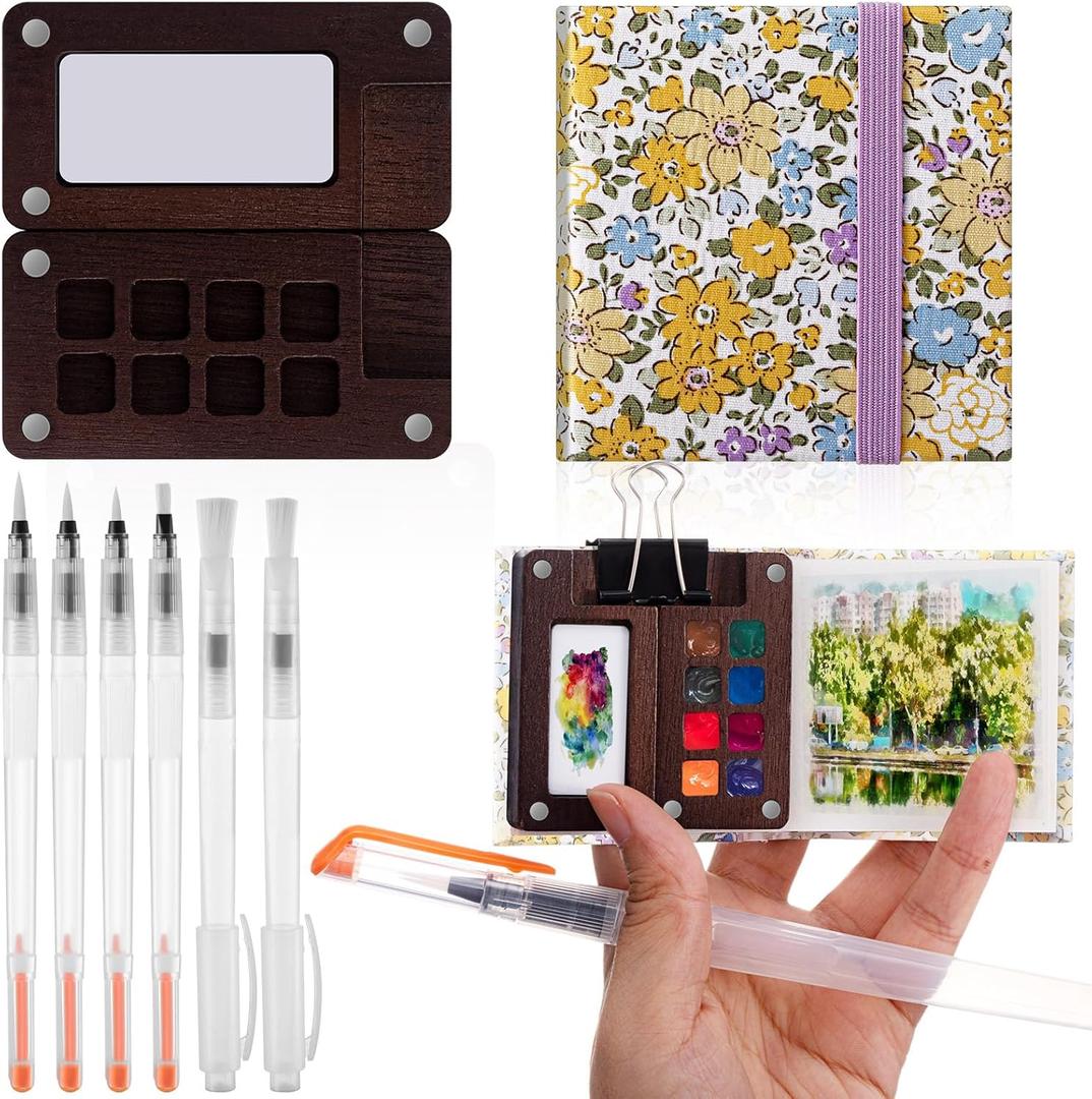 Qilery Mini Portable Watercolor Palette Set Wooden Grid Paint Box Watercolor Paper Sketch Book Brush Pens with Binder Clip for Painters Artist Not Include Paint(Winter Jasmine)