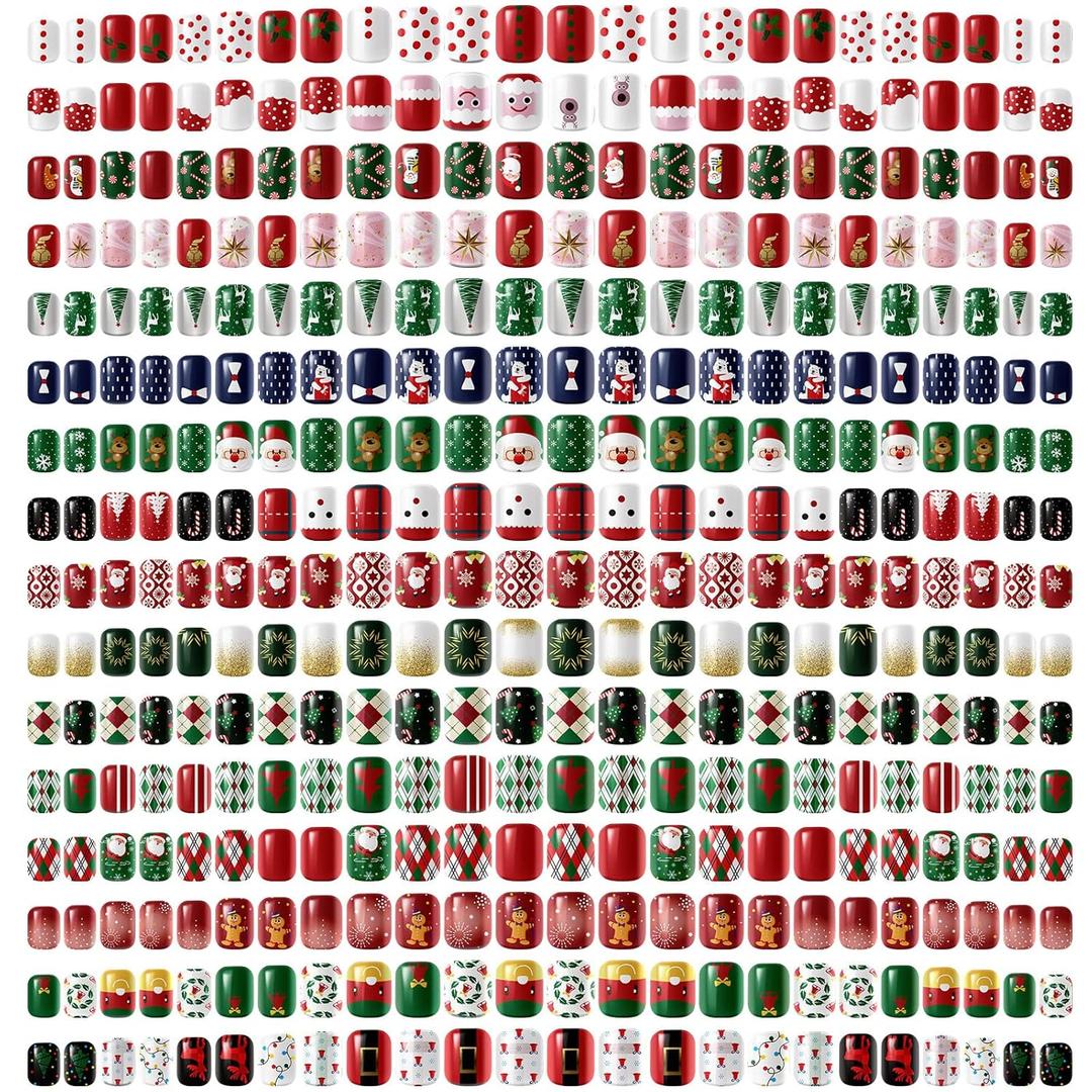 Kacctyen 384pcs 16pack Christmas Press on Nails Winter Square Short Red Fake Nails with Santa Elk Snowflake Pattern Glue on for Women Girls (Bright Pattern)