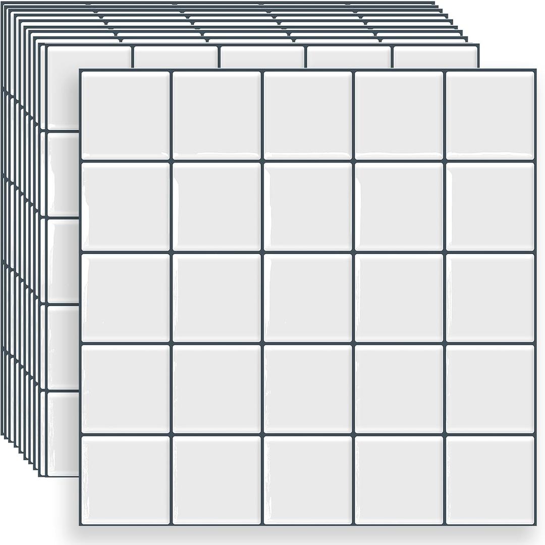 Square Peel and Stick Backsplash Tiles Self Adhesive Subway Checkered Grid for Kitchen Bathroom Wall White (10-Sheet,12"12")
