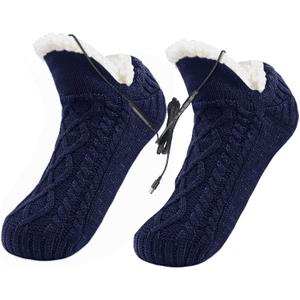 PURFUN Electric Heated Fleece Socks Slippers for Men Women, Winter USB Heating Pad Knitted Socks Foot Heater Anti-Slip Thermal Home Indoor Slippers Footwear Foot Warmer