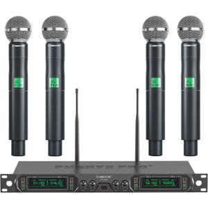Phenyx Pro Wireless Microphone System, 4-Channel UHF Wireless Mic, Fixed Frequency Metal Cordless Mic with 4 Handheld Dynamic Microphones, 260ft Range, Mics for Singing, Church(PTU-5000-4H)