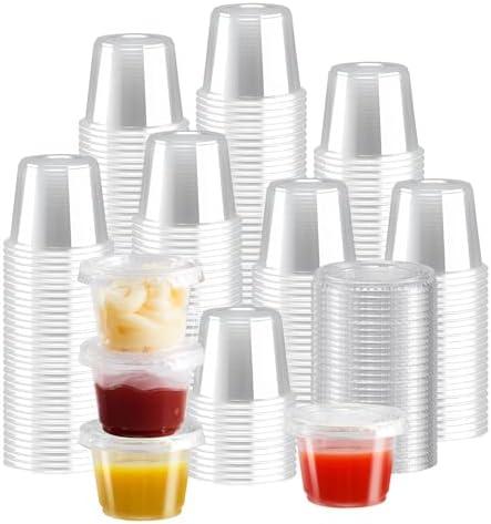 Huifany 500 sets 1 oz Jello Shot Cups, Sturdy Disposable Plastic Portion Cups with Lids, Souffle Cups, Clear Plastic Containers with Lids for Salad Dressing,Condiment and Dipping Sauce