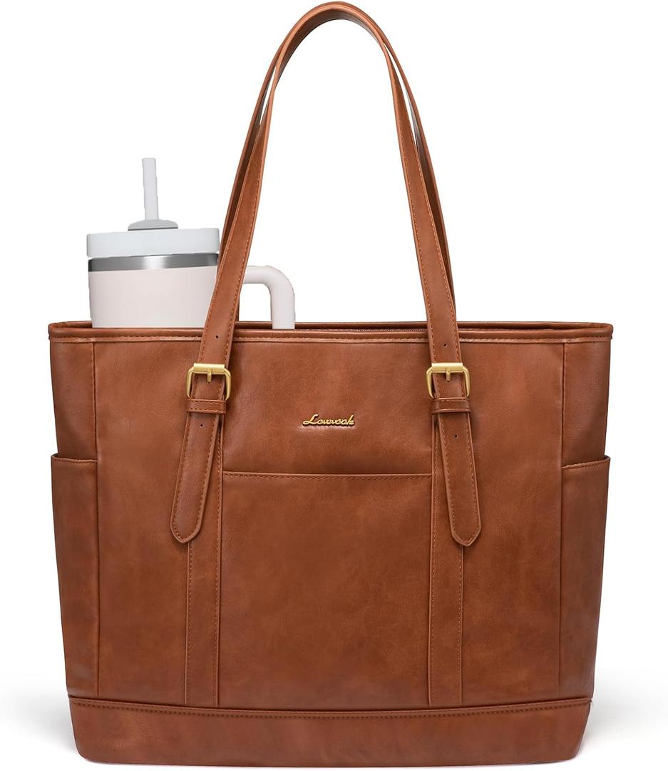 LOVEVOOK Laptop Tote Bag for Women,Vintage Leather Work Tote Bag for Women, 15.6 Inch Computer Briefcase Bag,Waterproof Teacher Business Office (Retro Brown)