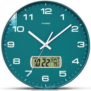 TIMESS Wall Clock, 12" Dial Non-Ticking Silent Battery Operated Analog with LCD Display for Perpetual Calendar and F Temperature, Ideal Modern Home, Bedroom, Kitchen, Office Decor (Green)
