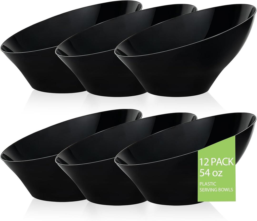 BESTVIP 54oz Black Plastic Serving Bowls for Party - 12 Pack Angled Disposable Serving Bowls, Party Bowls for Chips, Snacks, Fruit, Salad - Catering Bowls for Daily Use, Parties, Halloween, Christmas
