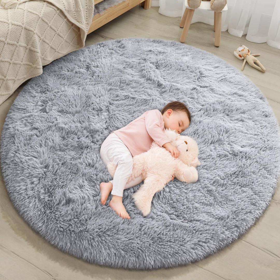 EVOIONOS Grey Round Rug for Bedroom, 4x4 Ft Fluffy Soft Circle Area Rugs for Living Room, Plush Shaggy Circular Carpet for Indoor Floor Bedside Kids Nursery, Machine-Washable Home Decor Aesthetic
