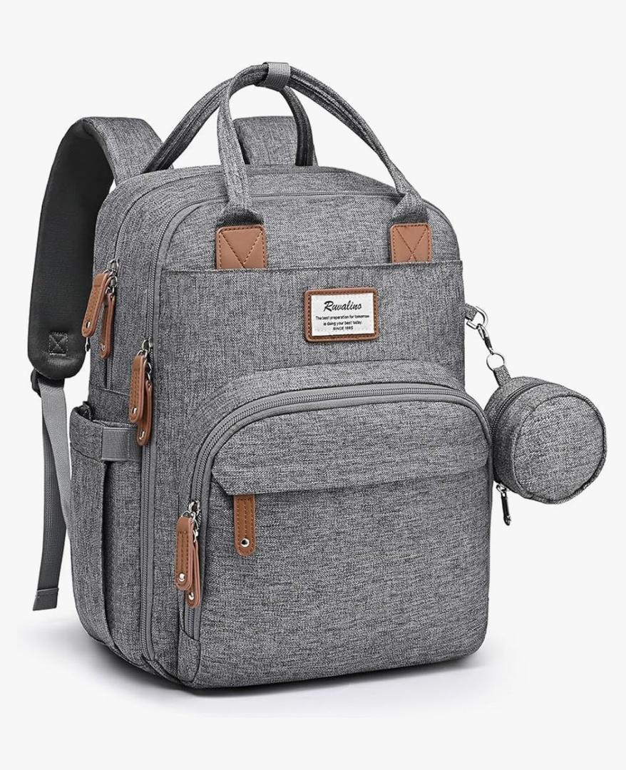 RUVALINO Diaper Bag Backpack-Multifunction Travel Baby Diaper Bag with Changing Pad, Insulated Bottle Holders & Pacifier Case, Large Capacity, Waterproof, Gray