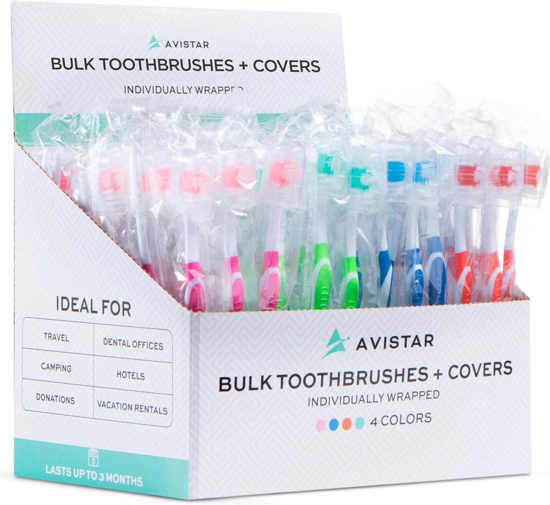 104 Pack Bulk Toothbrushes w/Cover Caps, Individually Wrapped Disposable Travel Toothbrush, Value Size, Long Lasting 3+ Months, Med-Soft Manual Teeth Brush Bristles, 4 Colors (Red Green Blue Pink) (Mix)