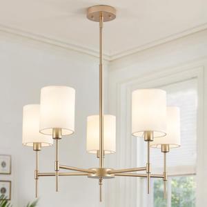 WASJEENN 23.62" Modern Dining Room Light Fixture 5 Lights Farmhouse Gold Chandelier with White Fabric Shade Rustic Light Fixture Chandeliers for Dining Room Living Room Kitchen Entryway E12