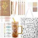 Singhoow 29 Pcs Bible Journaling Kit Glass Cup Canvas Bag Leather Notebook Highlighters and Pens Sticky Notes Tapes Paper Clips Bible Study Supplies for Women Teacher Sunday School(Yellow) (As shown in the picture)