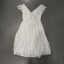 MEROKEETY V NECK FLUTTER SLEEVE FLORAL LACE TIE BACK MINI DRESS, LARGE, WHITE