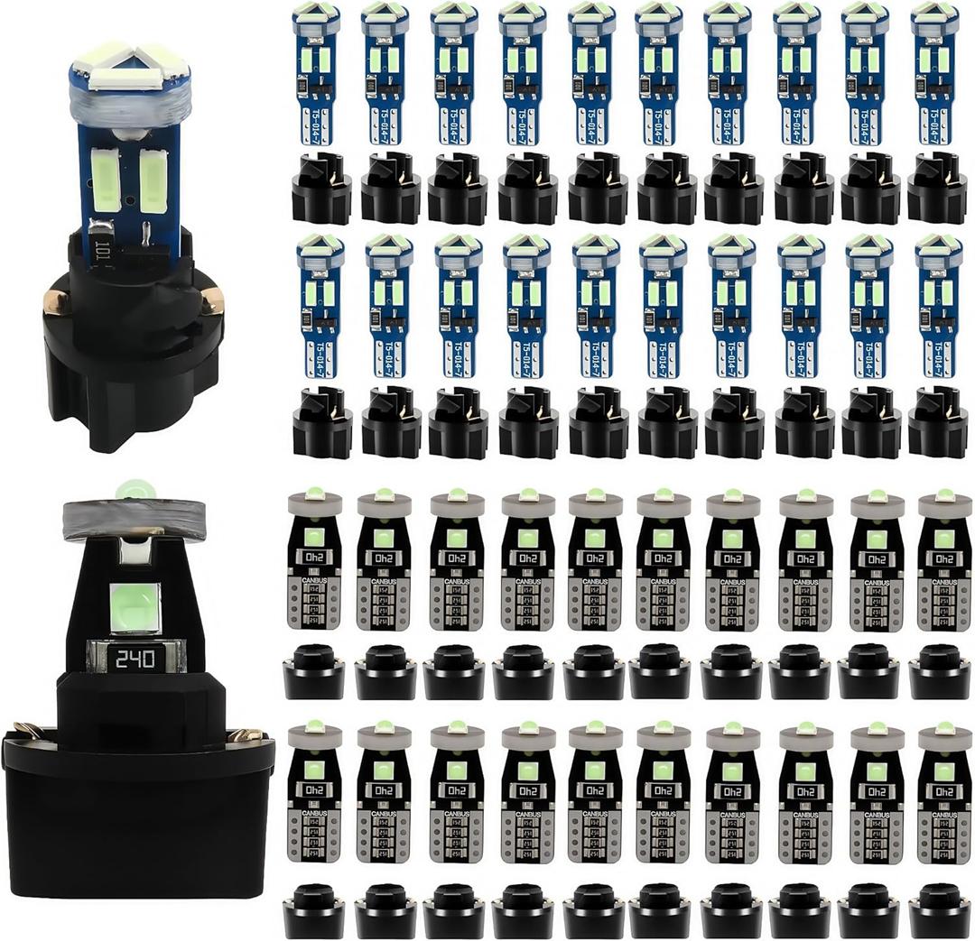 WLJH 40 Pack T5 T10 LED Bulbs with Sockets, Non Polarity Plug and Play, 300 Lumen Dimmable,for Interior Dash Gauge Cluster Dome Map Footwell and License Plate Lights, Fits 74 2721 194 168, Ice Blue