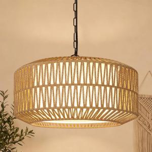 Farmhouse Chandelier Light Fixture, 5-Light Rattan Boho Chandeliers for Dining Room, Hand Woven Pendant Light with Linen Shade, Rustic Hanging Lighting for Kitchen Island, Bedroom (Bulb Not Included)