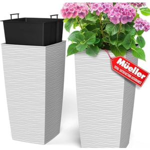 Mueller M-Resin Heavy Duty Tall Planters for Outdoor Plants, Indoor Grande Plant Pots, Boxes, Trees, Flower Pots, 2-Piece Set, 24”, Modern Design, Built-in Drainage, Front Porch Decor, White