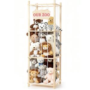 Stuffed Animal Storage & Organizer, Wooden Large Capacity Stuffed Animal Zoo with Elastic Cords, Sturdy Space-Saving Plushie Toy Shelf Cage Tower for Bedroom Playroom Nursery 54 in, Easy to Install