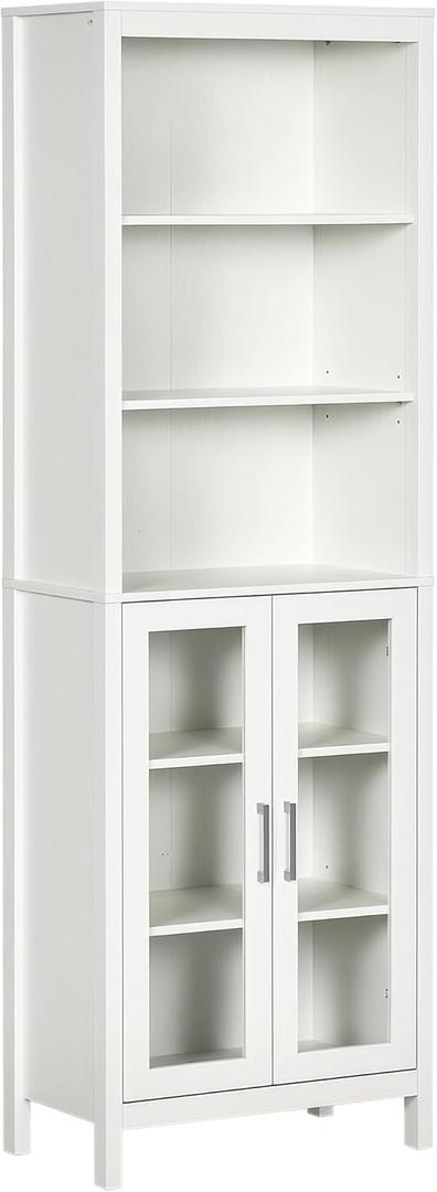 kleankin Tall Bathroom Storage Cabinet with 3 Tier Shelf, Glass Door Cabinet, Freestanding Linen Tower with Adjustable Shelves, Antique White