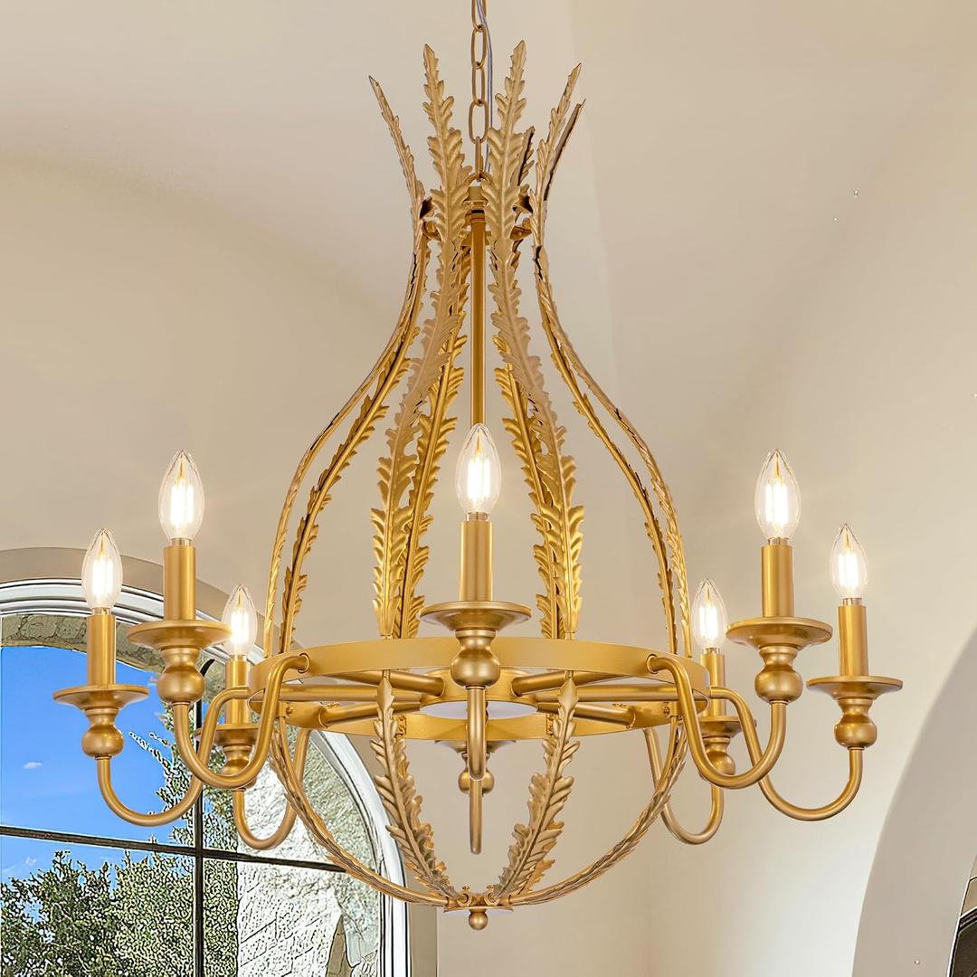 Wellmet Gold Farmhouse Chandelier, French Country Chandelier for Dining Room, Elegant Metal Chandeliers with Olive Leaf,Vintage Rustic High Light Fixture for Entryway,Bedroom,Living Room,Foyer 30" H, Large