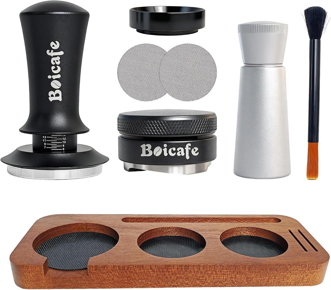8 PCS Espresso Accessories Kit, 51mm Spring Loaded Espresso Tamper Kit with Wood Espresso Tamping Station, WDT, Stainless Steel Distributor, Dosing Funnel, 2 Puck Screen, Brush (51mm)