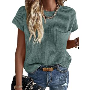Imily Bela Summer Fall Short Sleeve Sweater for Women 2026 Crew Neck Ribbed Knit Vests Trendy Pullover Tops, M
