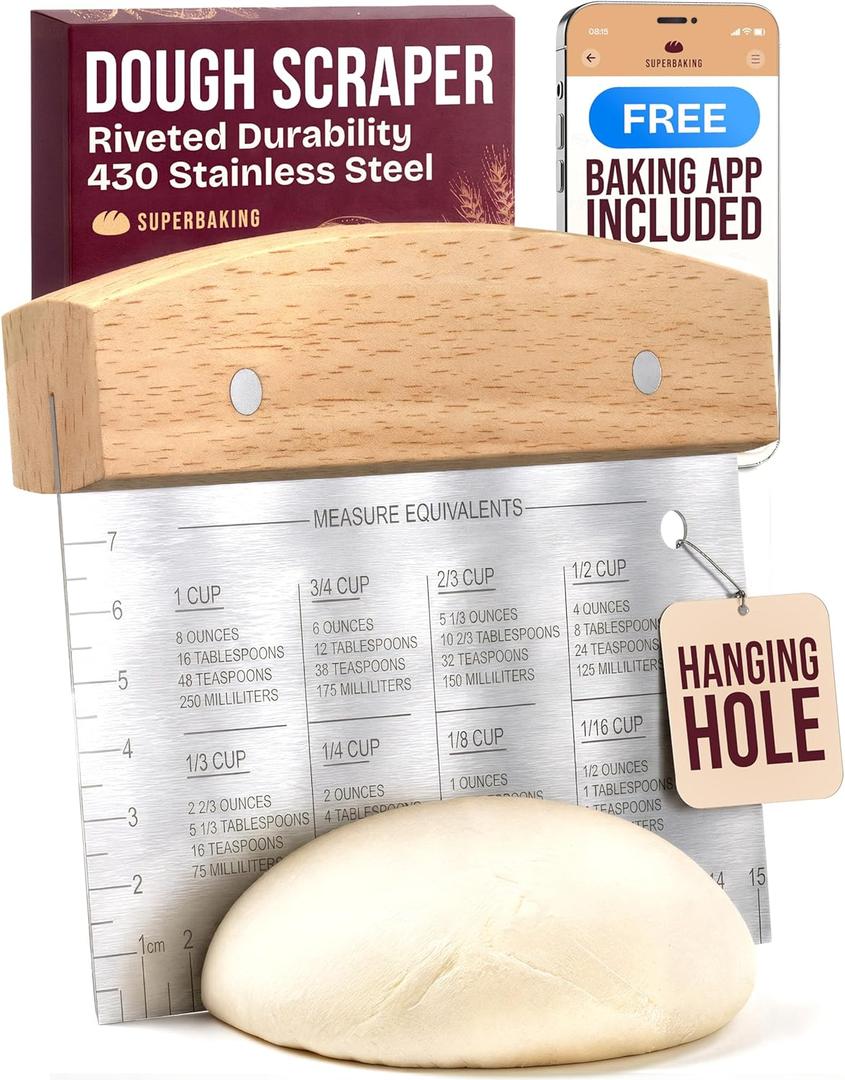 Superbaking Dough Scraper - 6" Wooden Bench Scraper - Dough Cutter with Ruler - Pastry & Cake Scraper - Kitchen Tools Sourdough Baking Supplies - Bread Making Tools & Accessories for Home Bakers