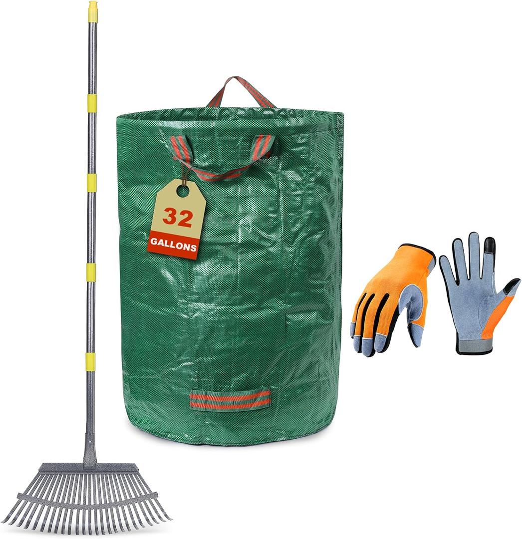 3-Piece Leaf Rake Kit  Adjustable Heavy-Duty Yard Rake with 25 Tines (3673"), 32-Gal Tear-Resistant Bag & Leather Gloves  Fall Cleanup Set for Lawn, Shrubs & Gardens
