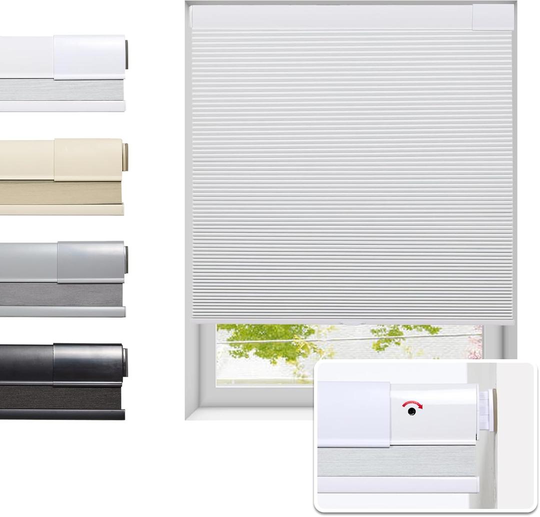 No Drill Cellular Shades for Indoor Windows, Thermal Insulating & Noise Reducing Honeycomb Blinds, Free Stop Cordless Blackout Shades, White, 43 1/2" W x 64" H