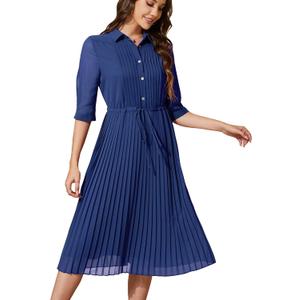 Women V Neck 3/4 Sleeve Pleated A-Line Dress with Belt Swing Midi Dresses for Spring Summer Autumn, L