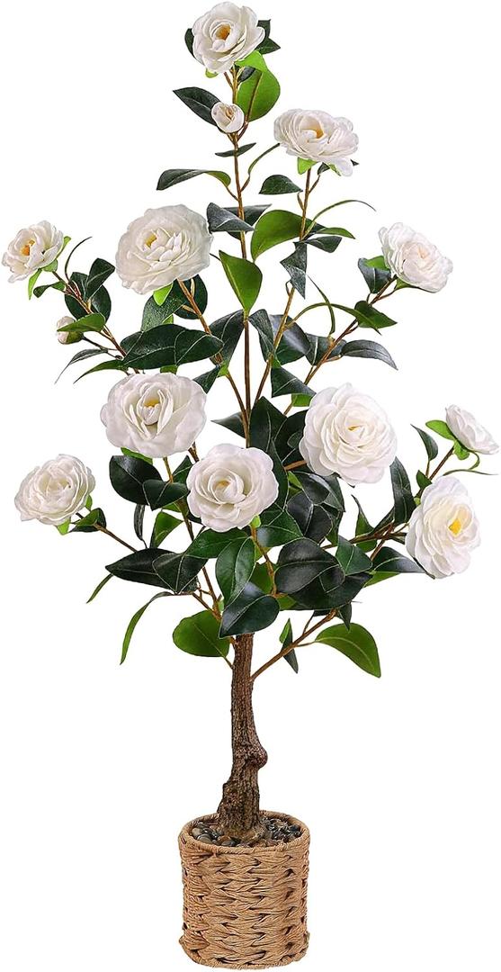 3FT Artificial Camellia Tree, Faux Camellia Plant Outdoor Camellia Flowers Tree Greenery Potted Plant for Living Room Door Patio Deck Yard Décor Outdoor Indoor