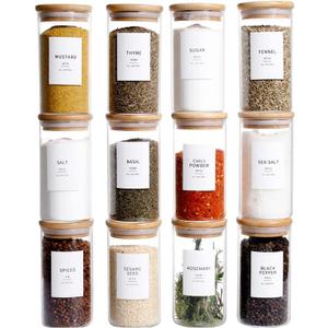 12 Pcs Glass Spice Jars With Bamboo Airtight Lids, 8oz Thicken(2.4mm) Spice Containers With 148 Minimalist Preprinted Waterproof Spice Labels, Kitchen Empty Small Storage Jars For Seasoning, Herb