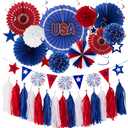 4th of July Patriotic Decorations 250th Anniversary Red White Blue Paper Fans Pompom Star Tassel Garland Independence Day Hanging Swirls for Fourth of July Memorial Party Supplies Decor