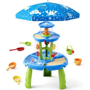 HYES Water Table for Toddlers 3-5, 3-Tier 6 Zones Water Sand Table with Umbrella, Rain Showers Splash Pond Toys for Outdoor Beach Backyard Summer, Kids Activity Sensory Playset for Boys Girls, Blue