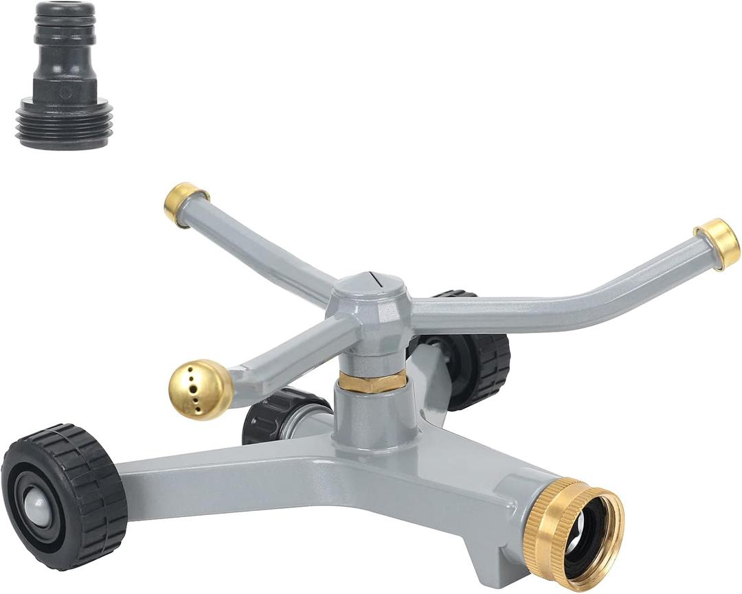 STYDDI Metal Rotating Water Sprinkler for Lawn, Heavy Duty Metal 3-Arms Whirling 360 Degree Automatic Rotary Sprinkler with Wheeled Base for Small Areas, Garden, Yard, Cover up to 1,384 Sq. ft.