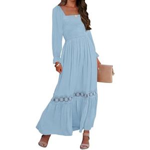 ZESICA Women's 2026 Boho Long Sleeve Square Neck Smocked High Waist Flowy A Line Lace Trim Maxi Dress Size S, Light Blue