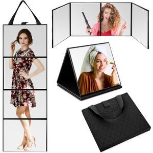 3 Way Foldable Full Length Mirror with Handle Leather 31.89 x 11.22 Inches Portable Hanging Travel Mirror Rectangular for Makeup Dance Home Fitness Spa Hair Styling (Black)