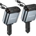 [2 Pack] Retractable Car Charger 4 in 1 Fast Car Phone Charger 69W, USB C Car Truck Accessories Adapter with 2X Retractable Phone Charger Cords and USB Port for i Phone 17/16/15/14,for Samsung S25/S24