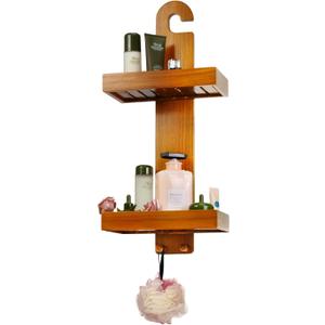 Utoplike Teak Shower Caddy Hanging, Shower Organizer Over Shower Head, Wooden Bathroom Shelf Holder with Hooks for Shampoo, Soap, Towels, No Drilling
