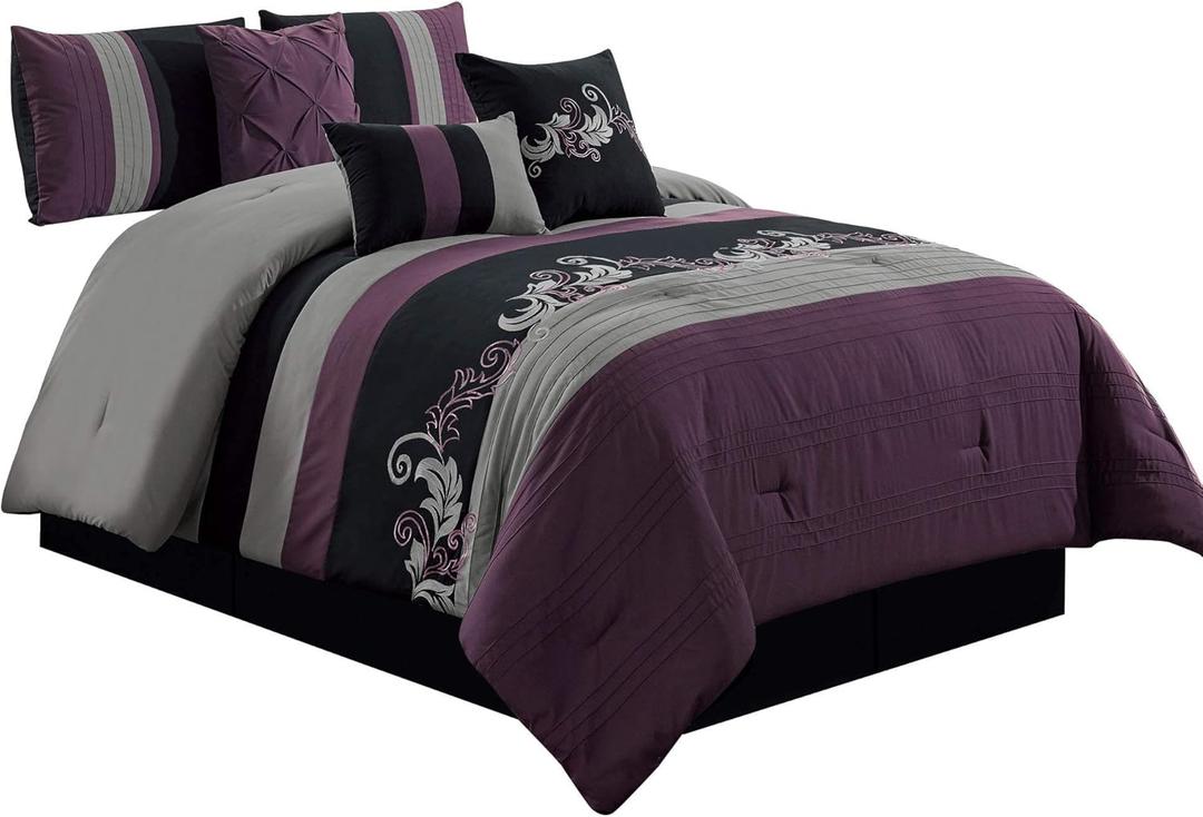 Chezmoi Collection Napa 7-Piece Luxury Leaves Scroll Embroidery Bedding Comforter Set (King, Purple/Black/Gray)