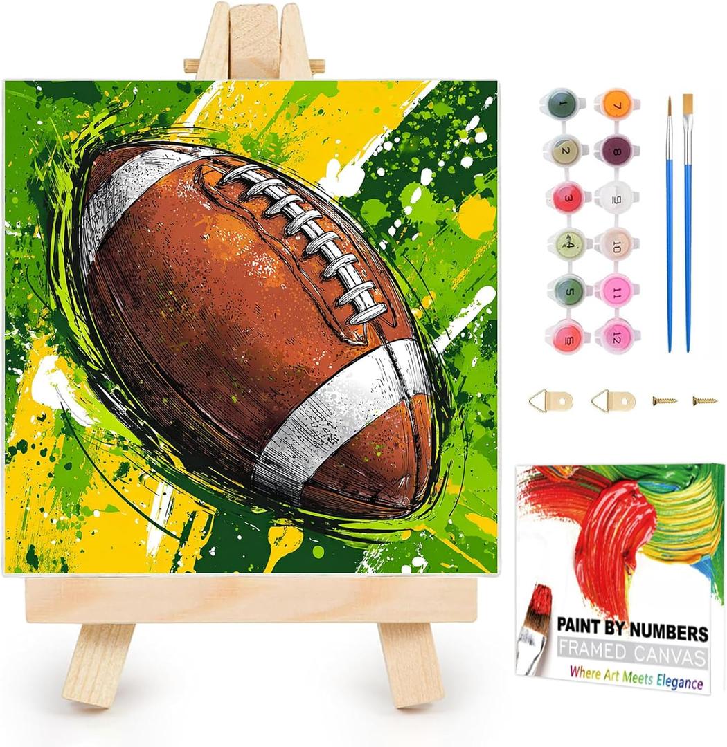 XTCIXAL Framed Paint by Numbers Kit for Adults Beginner, Rugby, 10x10 Inch | Paint by Number for Adults & Kids Ages 8-12, Framed Canvas, Included Easel and Gifts Box, Fun and Relaxing, Home Wall Decor