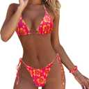 MOSHENGQI Women Sexy Brazilian Bikini 2 Piece Spaghetti Strap Top Thong Swimsuit Bathing Suit (Large, Pink/Yellow)