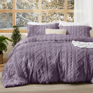 Bedsure Tufted Boho Comforter Set Queen Size - Grayish Purple Boho Bed Set, GentleSoft 3 Pieces Farmhouse Shabby Chic Embroidery Bedding, Gifts for Woman, Jacquard Queen Comforter for All Seasons