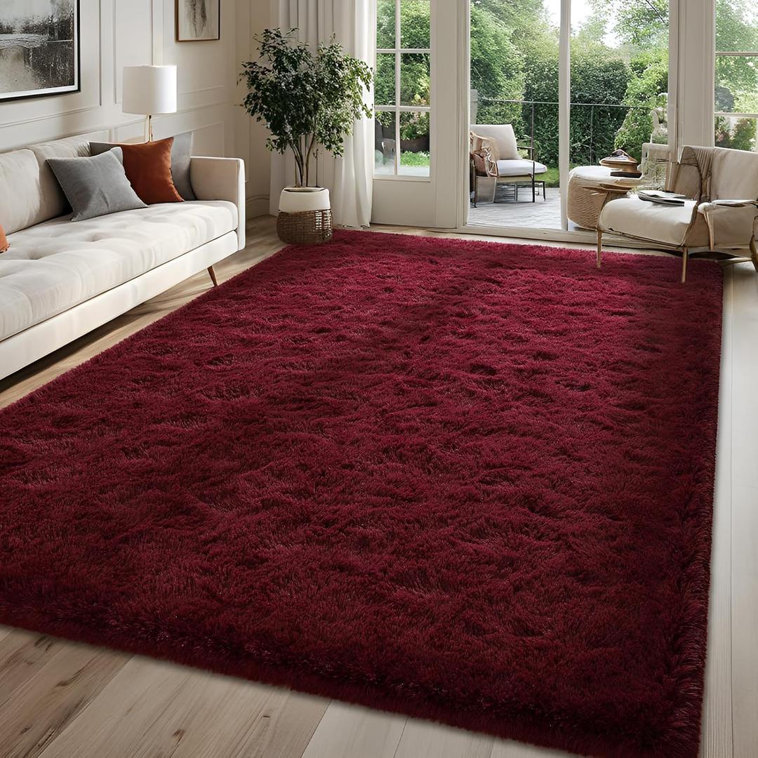 Fluffy Burgundy Red 8x10 Large Area Rugs for Living Room, Soft Plush Dark Red Rug for Living Room Decor, Big Shaggy Floor Carpet, Thick Non Slip Rectangle Carpets for Home Decor