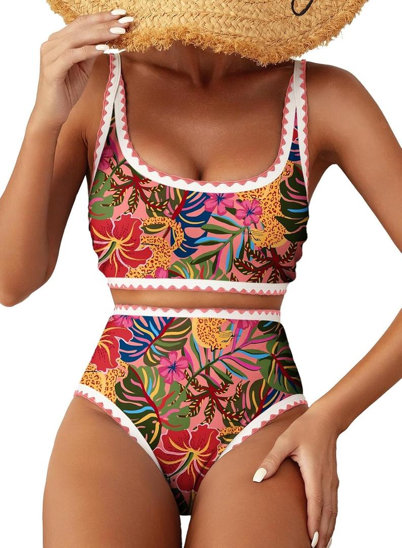 Herseas Women's Bikini Sets Floral Print Whip Stitch 2 Piece Swimsuits High Waisted Scoop Bathing Suits (L)