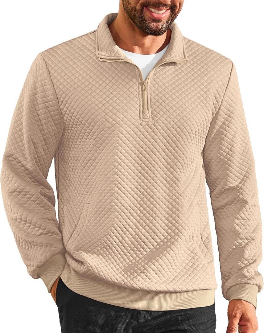 Vssjavun Mens Quarter Zip Pullover Quilted Sweatshirt Long Sleeve Casual Stand Collar Pullovers with Pockets (Beige, XL)