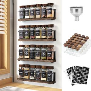 Wooden Lid Magnetic Spice Rack with 24 Jars, 216 Labels, 1 Steel Funnel for RefrigeratorMicrowave Oven - Full Set of Spice Organizer