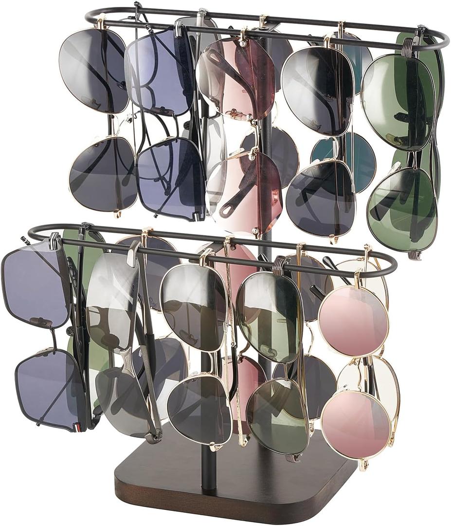 Mkono Sunglasses Organizer Glasses Holder Stand for 24 Pairs of Eyewear, 2 Tier Sunglass Storage Eyeglasses Display Rack Metal Frame with Wood Base for Table Desk Countertop Dresser Bedroom, Black